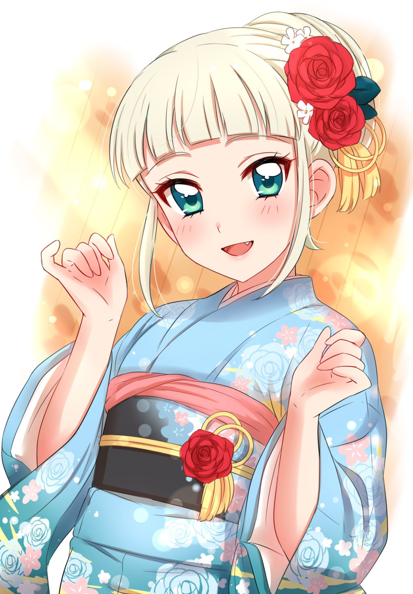 1girl :d aikatsu! alternate_costume bangs blonde_hair blue_kimono blunt_bangs commentary_request fang floral_print flower green_eyes hair_ornament hands_up highres japanese_clothes kimono long_sleeves looking_at_viewer obi open_mouth red_flower red_rose rose sash sekina smile solo tied_hair toudou_yurika upper_body wide_sleeves