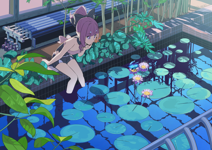 1girl bangs bent_over black_bow blunt_bangs bow butterfly eyebrows_visible_through_hair finger_to_mouth flower hair_bow highres hip_vent horns iwato1712 lily_pad original pipes plant pointy_ears ponytail pool purple_hair reflection short_shorts shorts sitting soaking_feet solo tree valve violet_eyes wading