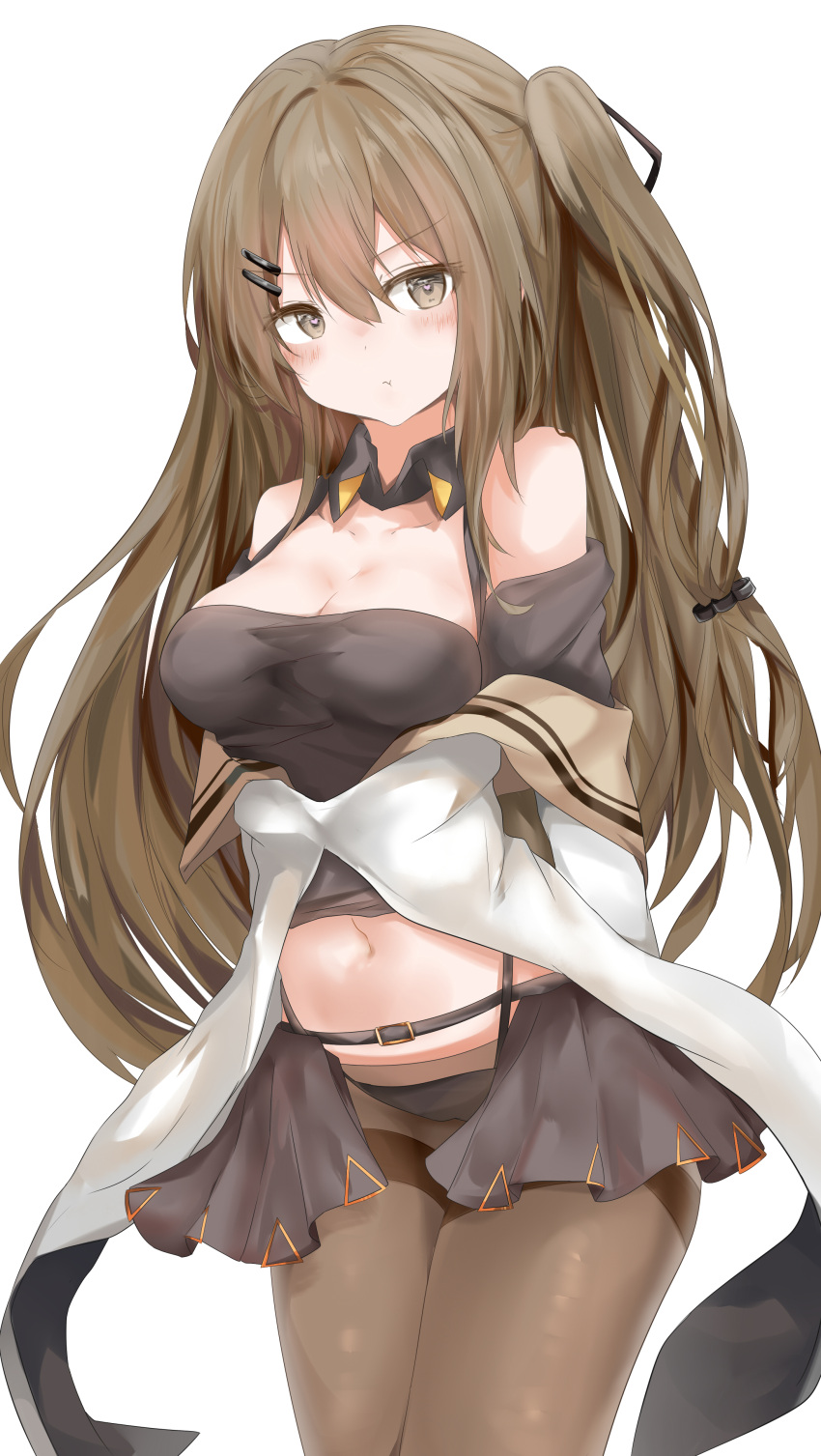 1girl absurdres arms_behind_back bangs black_panties blush breasts brown_eyes brown_hair brown_legwear buckle cleavage closed_mouth collarbone collared_shirt cowboy_shot eyebrows_visible_through_hair eyes_visible_through_hair fingerless_gloves girls_frontline gloves hair_ornament hair_ribbon hairclip half-skirt heart heart-shaped_pupils highres k-2_(girls_frontline) large_breasts legs_together long_hair long_sleeves looking_at_viewer medium_breasts miniskirt navel off_shoulder one_side_up open_mouth panties pantyhose pout ribbon ru_zhai shirt shoulder_cutout side_ponytail sidelocks simple_background skirt solo standing stomach strap symbol-shaped_pupils thighband_pantyhose thighs underwear white_background