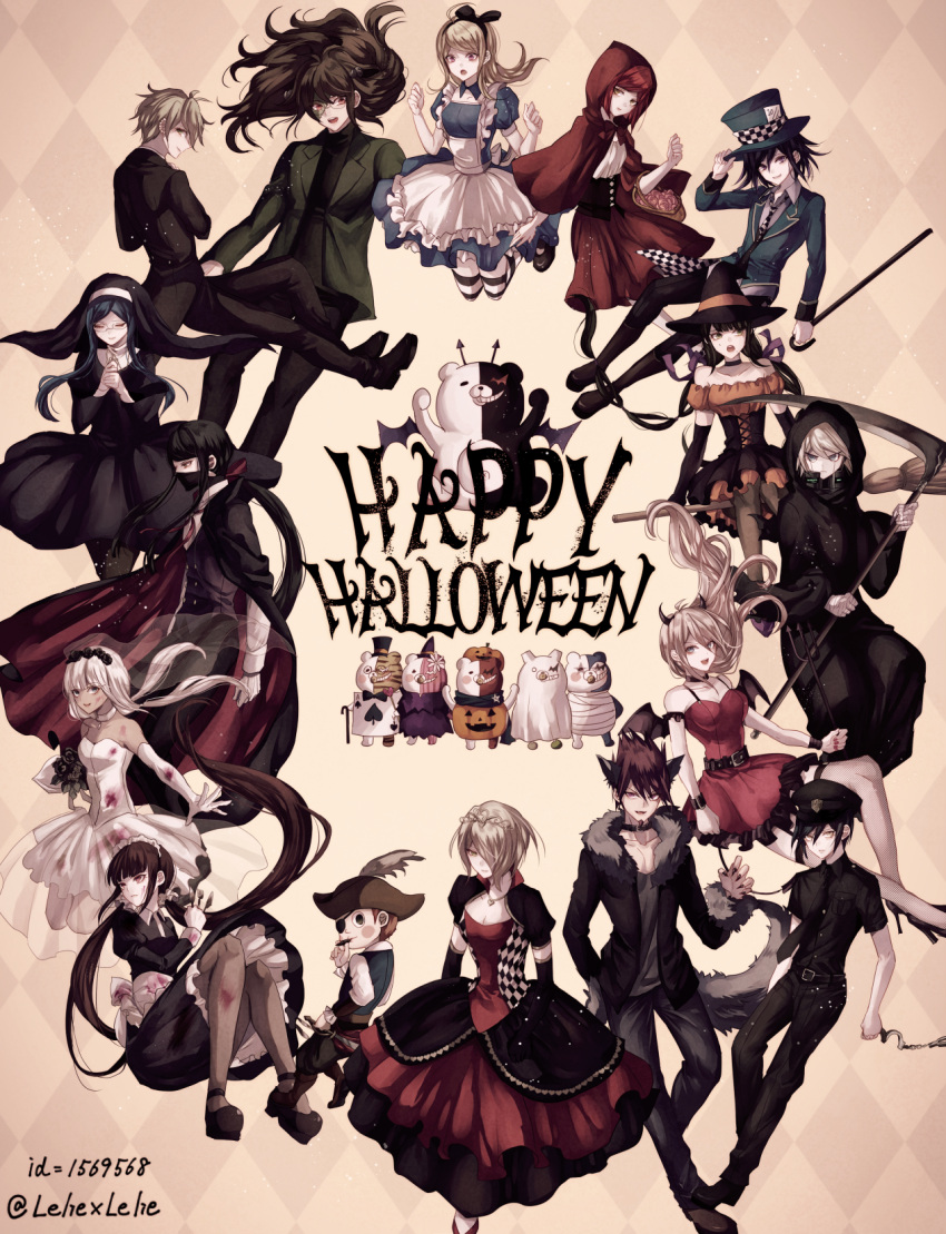 6+boys 6+girls akamatsu_kaede alice_(wonderland) alice_(wonderland)_(cosplay) alternate_costume amami_rantarou animal_ears black_hair blonde_hair blood blue_eyes butler chabashira_tenko cosplay dangan_ronpa english everyone frankenstein's_monster frankenstein's_monster_(cosplay) gokuhara_gonta green_eyes green_hair halloween_costume happy_halloween harukawa_maki hat highres holding holding_weapon hoshi_ryouma iruma_miu keebo little_red_riding_hood little_red_riding_hood_(cosplay) looking_at_viewer mad_hatter mad_hatter_(cosplay) momota_kaito monodam monofunny monokid monokuma monosuke monotarou_(dangan_ronpa) multiple_boys multiple_girls new_dangan_ronpa_v3 nun ouma_kokichi pink_eyes pirate_costume police police_uniform queen_of_hearts queen_of_hearts_(cosplay) red_eyes redhead saihara_shuuichi scythe shinguuji_korekiyo shirogane_tsumugi smile toujou_kirumi uniform vampire_costume violet_eyes weapon white_hair witch yellow_eyes yonaga_angie yumeno_himiko z-epto_(chat-noir86) zombie