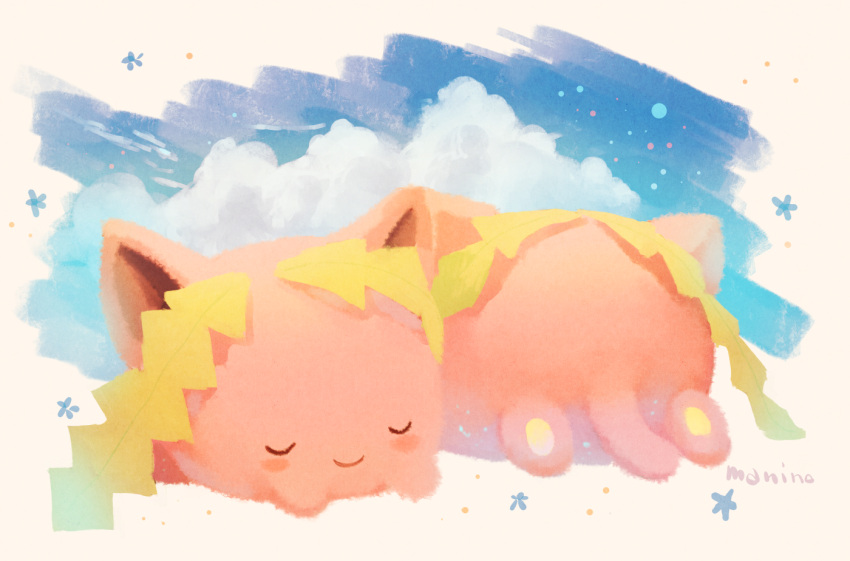 artist_name blue_sky blush_stickers closed_eyes clouds cloudy_sky commentary_request full_body gen_2_pokemon hoppip leaves manino_(mofuritaionaka) no_humans pokemon pokemon_(creature) signature sky sleeping u_u