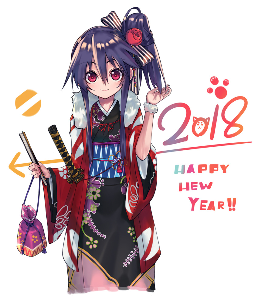 1girl 2018 bow cropped_legs eyebrows_visible_through_hair fan floral_print flower fur_trim furisode hair_bow hair_flower hair_ornament happy_new_year highres hoshino_(illyasviel) japanese_clothes katana kimono long_hair looking_at_viewer new_year obi original paw_print pouch purple_hair red_eyes sash scrunchie sheath sheathed side_ponytail sidelocks smile solo sword text weapon white_background wide_sleeves