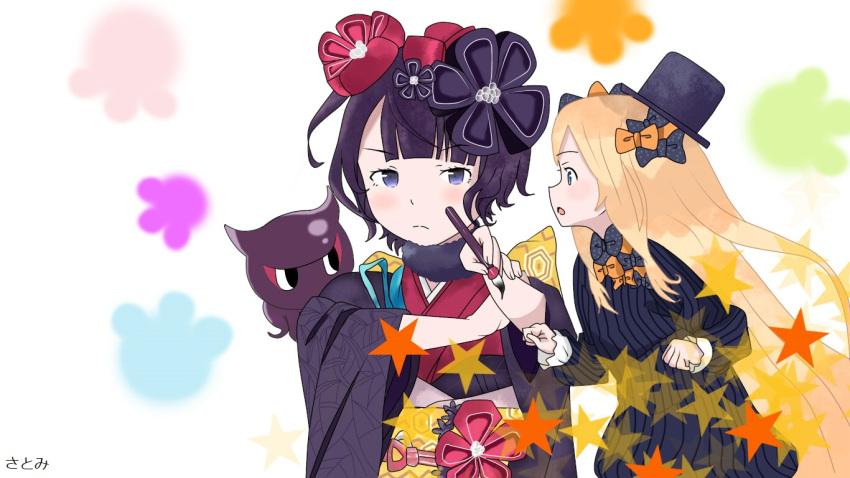 2girls abigail_williams_(fate/grand_order) bow eromanga_sensei fate/grand_order fate_(series) holding_brush japanese_clothes katsushika_hokusai_(fate/grand_order) kimono multiple_girls obi octopus parody sash satomisena