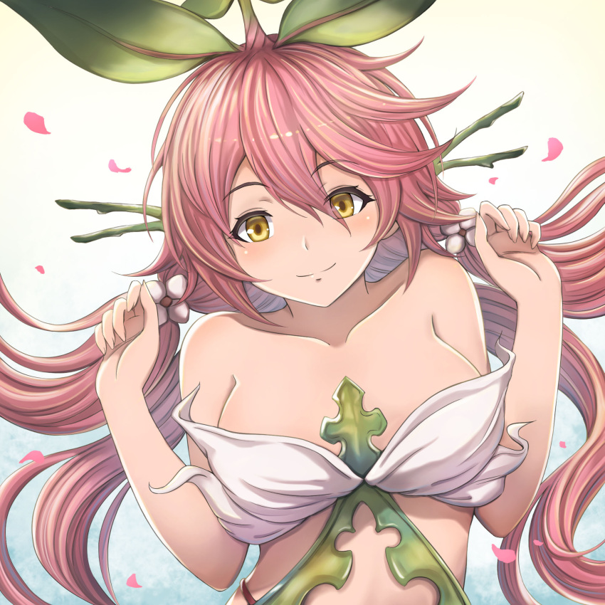 1girl bare_shoulders breasts clenched_hands granblue_fantasy hair_ornament highres leaf leaf_on_head long_hair medium_breasts pink_hair quad_tails smile solo tree upper_body yellow_eyes yggdrasill_(granblue_fantasy) yuki7128