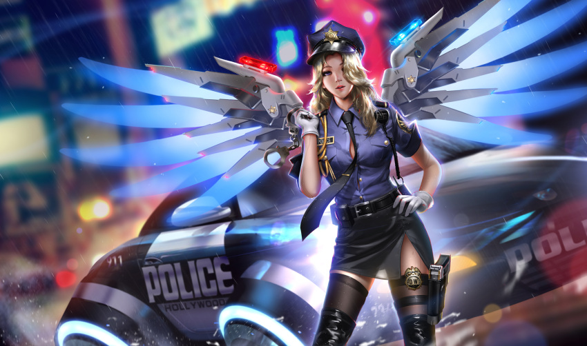 1girl alternate_costume black_gloves blonde_hair blurry car cuffs depth_of_field gloves ground_vehicle gun hair_over_one_eye handcuffs handgun highres holster liang_xing mechanical_wings mercy_(overwatch) motor_vehicle necktie overwatch parted_lips police police_car police_uniform policewoman rain solo thigh-highs thigh_holster uniform weapon white_gloves wings
