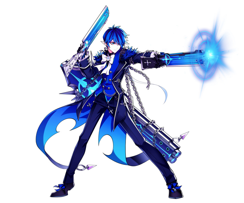 1boy black_coat black_footwear black_gloves black_pants blue_eyes blue_hair blue_shirt bow chains ciel_(elsword) closed_mouth cross cross_earrings dual_wielding earrings elsword full_body gloves gun highres holding holding_gun holding_weapon hwansang jewelry looking_away male_focus official_art pants pointy_ears royal_guard_(elsword) serious shirt shoes solo standing weapon white_bow