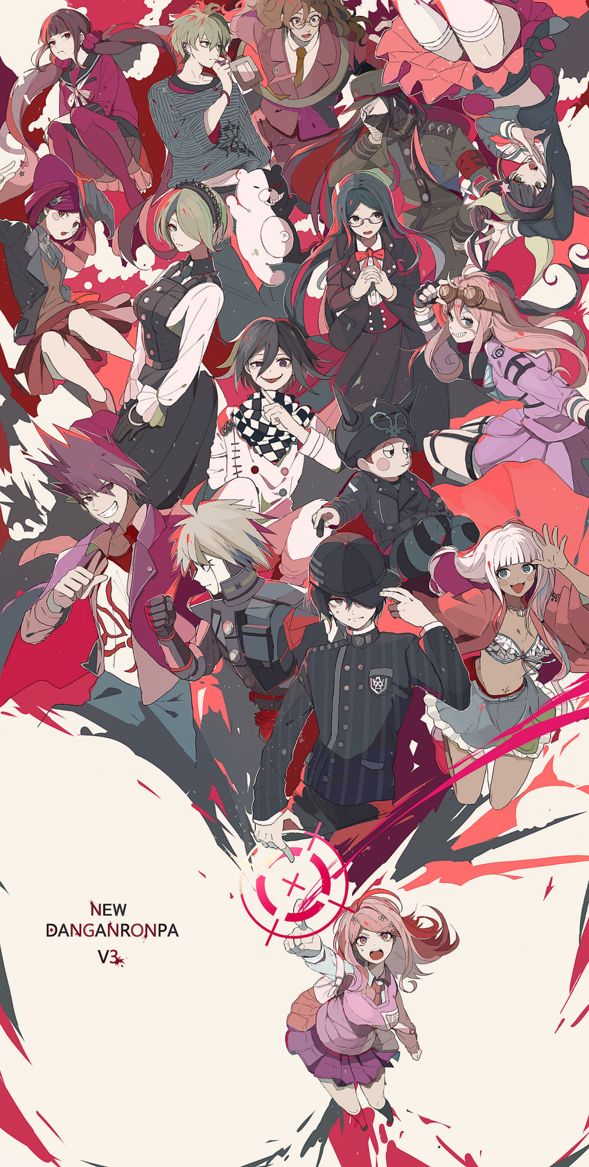 6+boys 6+girls absurdres akamatsu_kaede amami_rantarou black_hair blonde_hair blue_eyes chabashira_tenko dangan_ronpa everyone gokuhara_gonta green_eyes green_hair harukawa_maki highres hoshi_ryouma iruma_miu keebo momota_kaito monokuma multiple_boys multiple_girls new_dangan_ronpa_v3 ouma_kokichi pink_eyes red_eyes redhead saihara_shuuichi shinguuji_korekiyo shirogane_tsumugi toujou_kirumi yonaga_angie yumeno_himiko