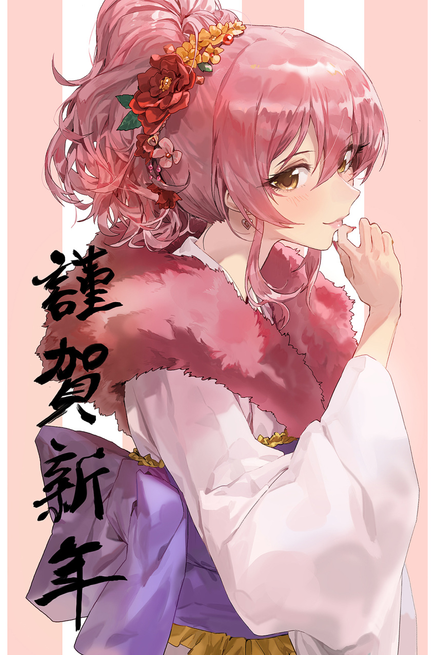 1girl bangs blush commentary_request earrings eyebrows_visible_through_hair eyes_visible_through_hair finger_to_mouth fingernails flower fur-trimmed_kimono fur_trim hair_between_eyes hair_flower hair_ornament hand_up heart heart_earrings highres idolmaster idolmaster_cinderella_girls japanese_clothes jewelry jougasaki_mika kimono lips looking_at_viewer mossi nengajou new_year pink_hair ponytail revision sash short_hair simple_background smile solo striped striped_background vertical-striped_background vertical_stripes wide_sleeves yellow_eyes