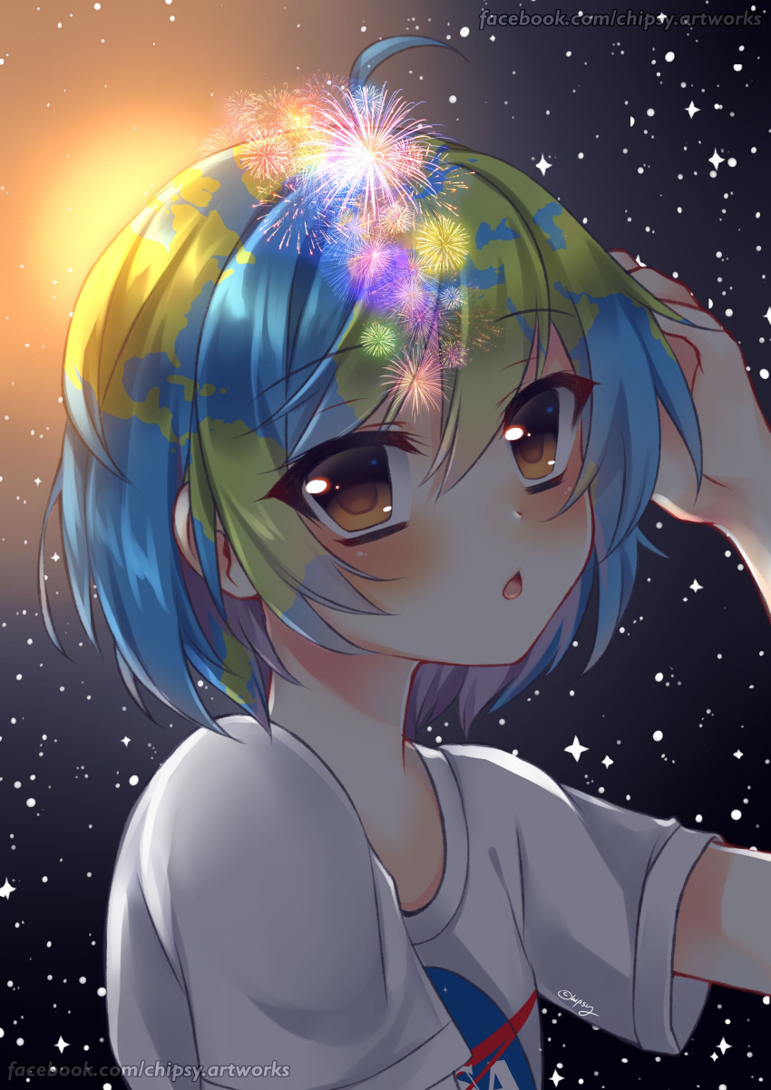 1girl :o absurdres aerial_fireworks ahoge artist_name blue_hair blush brown_eyes chipsy_kura_chan commentary earth-chan eyebrows_visible_through_hair facebook_username fireworks green_hair hand_on_own_head hand_up highres humanization looking_at_viewer multicolored_hair nasa new_year original personification portrait shirt short_hair short_sleeves signature sky solo space star_(sky) starry_sky sun sunlight watermark web_address white_shirt