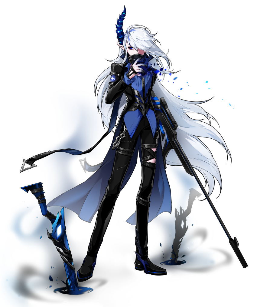 1boy absurdres black_coat black_footwear black_pants blue_eyes blue_shirt buckle chains ciel_(elsword) demonio_(elsword) elsword full_body gun hair_over_one_eye highres holding holding_gun holding_weapon horn hwansang long_hair looking_at_viewer male_focus official_art pants pointy_ears rifle shirt shoes solo standing weapon white_hair