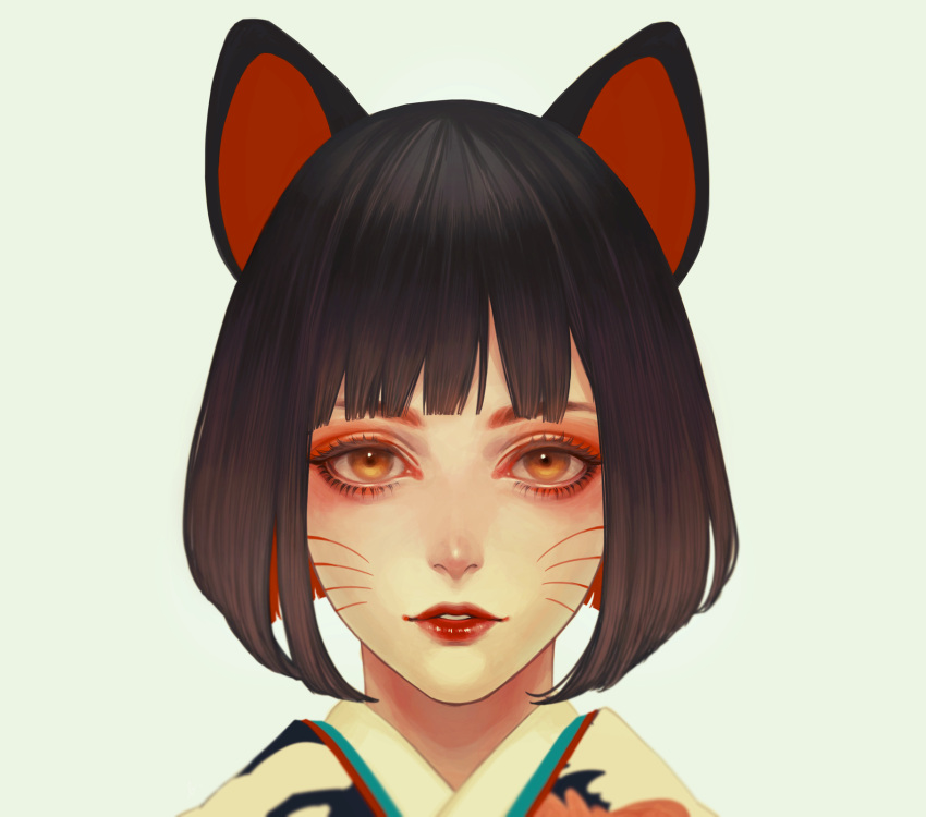 1girl animal_ears bangs black_hair blunt_bangs bob_cut commentary_request grey_background highres japanese_clothes kimono lips lipstick looking_at_viewer makeup mouse_ears murasaki_(fioletovyy) orange_eyes original parted_lips portrait red_lipstick short_hair signature simple_background solo upper_body whisker_markings