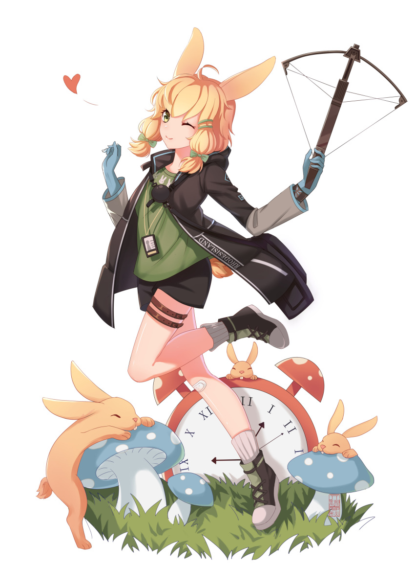 1girl absurdres ahoge alarm_clock animal_ears arknights artist_request bangs black_jacket blonde_hair blue_gloves bow_(weapon) bunny_tail clock crossbow full_body gloves green_eyes heart highres holding holding_bow_(weapon) holding_weapon jacket kroos_(arknights) long_sleeves looking_at_viewer mushroom one_eye_closed open_clothes open_jacket rabbit rabbit_ears shoes short_hair simple_background smile socks solo tail weapon white_background white_legwear