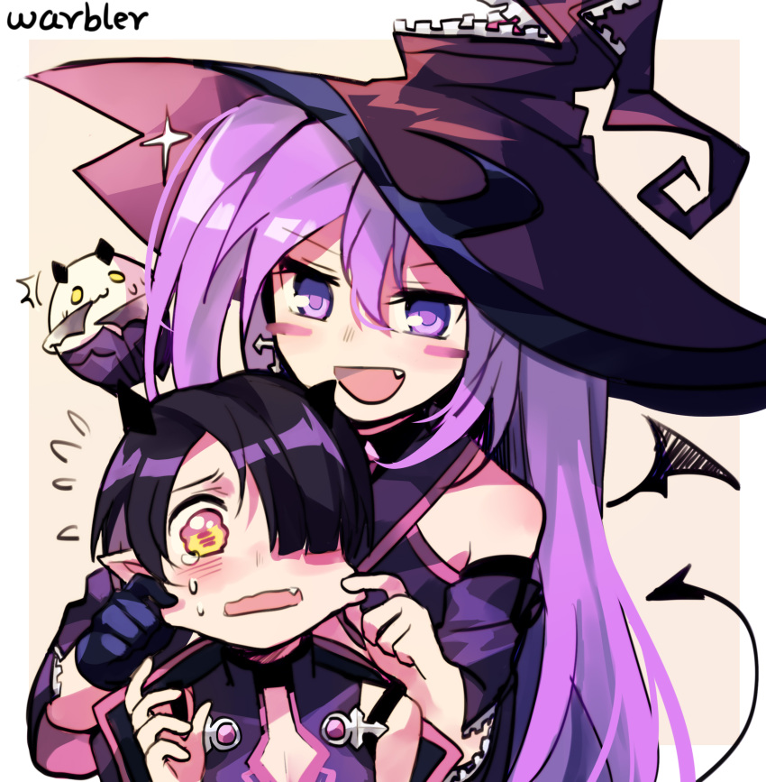 1boy 1girl :3 absurdres aisha_(elsword) angkor_(elsword) artist_name black_hair blush_stickers cheek_pinching crying demon_tail demon_wings earrings elsword eyebrows_visible_through_hair fangs hair_over_one_eye hat highres humanization jewelry long_hair oz_sorcerer_(elsword) pinching pointy_ears purple_hair short_hair simple_background sparkle tail violet_eyes warbler wings witch_hat yellow_eyes zipper