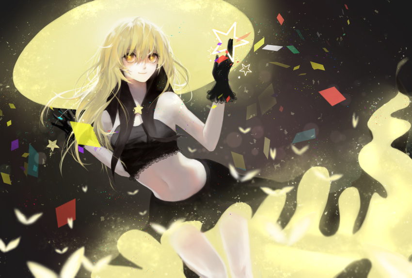 1girl bare_shoulders blonde_hair closed_mouth gloves haiena hat highres kirisame_marisa lace long_hair midriff navel open_eyes smile solo star star-shaped_pupils symbol-shaped_pupils touhou yellow_eyes