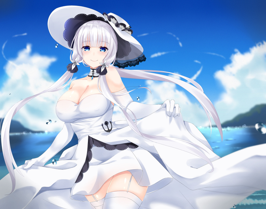 1girl azur_lane bangs blue_eyes breasts day dress elbow_gloves gloves hat highres illustrious_(azur_lane) large_breasts looking_at_viewer low_twintails mole mole_under_eye outdoors sky smile surota thigh-highs twintails white_dress white_gloves white_hair zettai_ryouiki