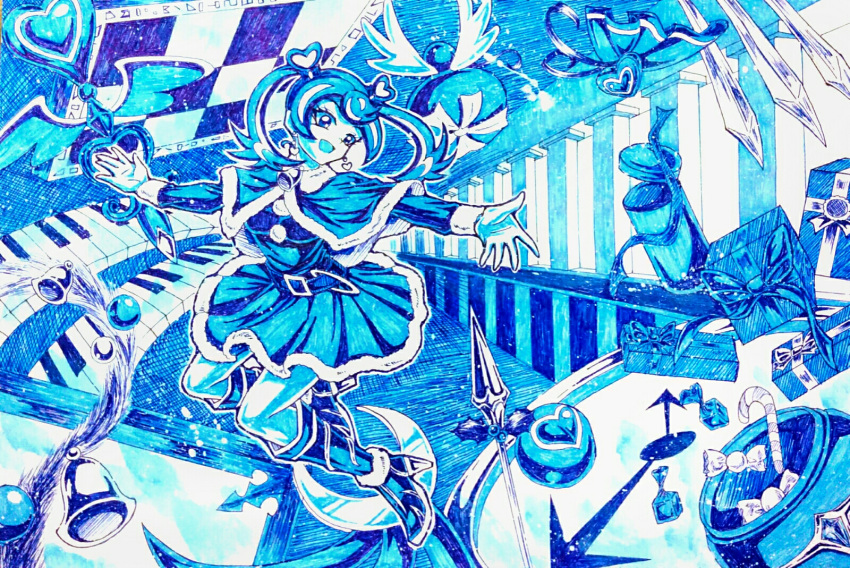 1girl :d bell belt blue blue_angel blue_hair boots candy candy_cane clock earrings food gift hair_ornament heart heart_earrings heart_hair_ornament highres jewelry motumotu_58 open_mouth open_present piano_keys santa_costume smile traditional_media twintails wrapped_candy yu-gi-oh! yuu-gi-ou_vrains zaizen_aoi