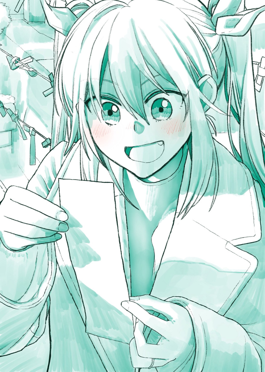 1girl :d blush bow commentary_request eyebrows_visible_through_hair fang fingernails green hair_between_eyes hair_bow happy highres holding jacket jewelry kantai_collection long_sleeves looking_down monochrome new_year open_clothes open_jacket open_mouth outdoors ring smile solo spot_color tone_(kantai_collection) two_side_up wedding_band yami_(m31)