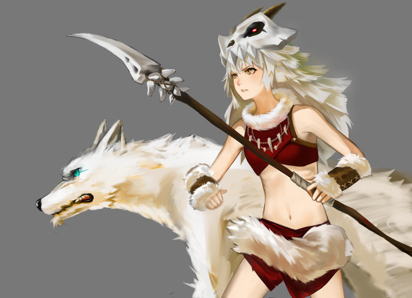 1girl absurdres aqua_eyes bai_lang bone_necklace brown_eyes crusaders_quest fur grey_background highres holding holding_spear holding_weapon midriff navel parted_lips polearm simple_background skull_helmet solo spear standing tamashiino_eshi weapon white_hair white_wolf wolf