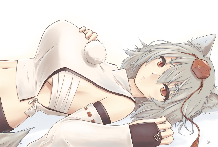 1girl aki_akane animal_ears breasts detached_sleeves eyebrows_visible_through_hair grey_hair hand_on_own_chest hat highres inubashiri_momiji large_breasts looking_at_viewer lying navel on_back pom_pom_(clothes) red_eyes ribbon-trimmed_sleeves ribbon_trim sarashi sideboob solo tokin_hat touhou white_background wolf_ears