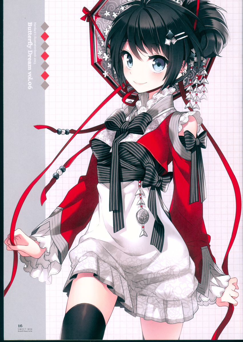 1girl absurdres black_bow black_hair black_legwear black_ribbon blue_eyes blush bow closed_mouth dress earrings hair_bun hair_ornament hairclip highres holding_ribbon huge_filesize jacket jewelry long_sleeves looking_at_viewer nardack original red_jacket red_ribbon ribbon scan short_dress short_hair smile solo star star_hair_ornament striped striped_bow striped_ribbon thigh-highs white_dress zettai_ryouiki