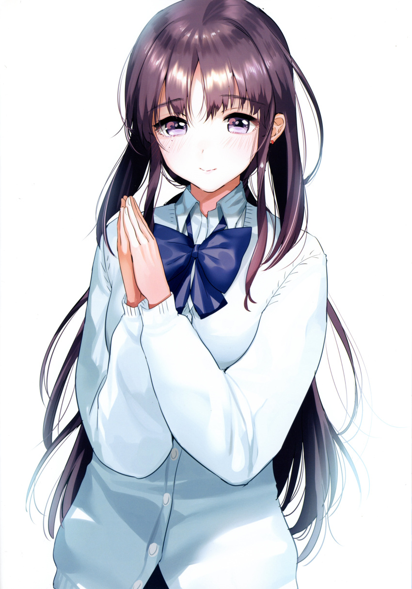 1girl absurdres bangs blue_neckwear blue_shirt blush bow bowtie buttons cardigan closed_mouth collared_shirt earrings eyebrows_visible_through_hair fingernails highres jewelry long_hair long_sleeves looking_at_viewer original own_hands_together redhead scan school_uniform shirt smile solo upper_body very_long_hair violet_eyes wing_collar