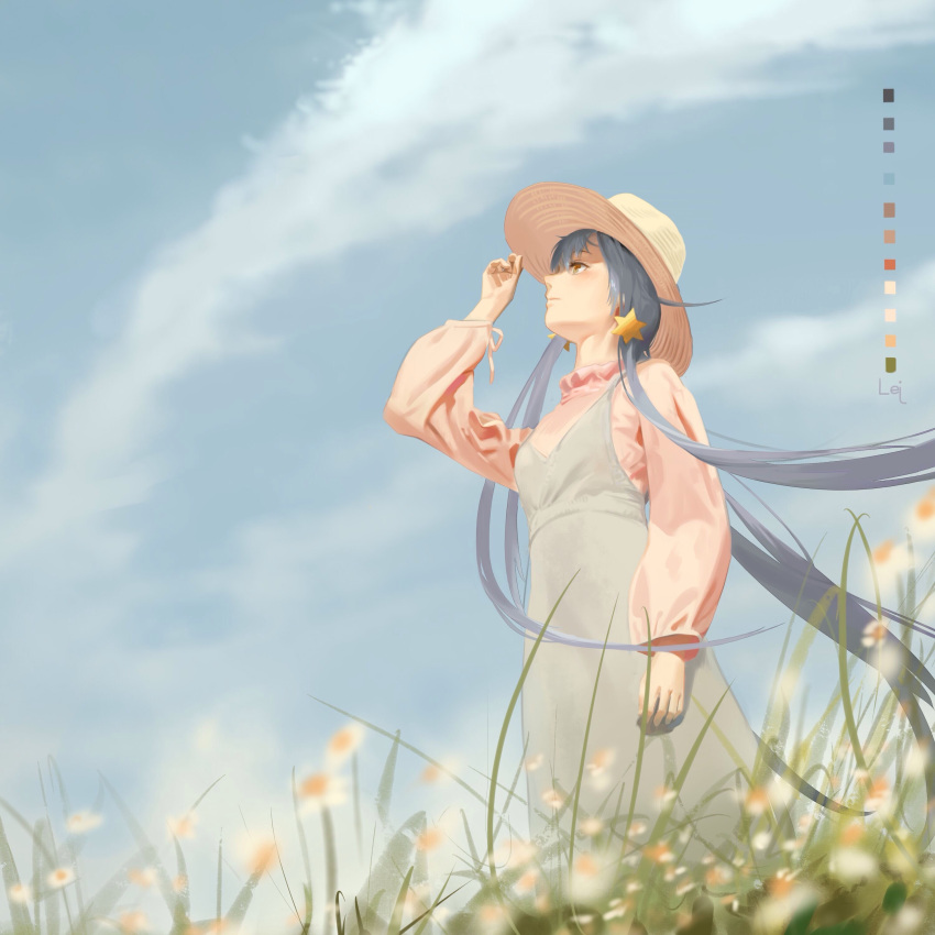 1girl absurdres adjusting_clothes adjusting_hat arm_at_side arm_up artist_name bangs blue_dress blue_sky blurry blush brown_eyes casual closed_mouth clouds color_guide day depth_of_field dress floating_hair flower from_below grass hair_ornament hand_on_headwear hat highres leiq long_hair long_sleeves looking_away looking_up outdoors pink_shirt puffy_long_sleeves puffy_sleeves shirt silver_hair sky solo stabbed star star_hair_ornament sun_hat sundress very_long_hair vocaloid vocanese wind xingchen yellow_eyes