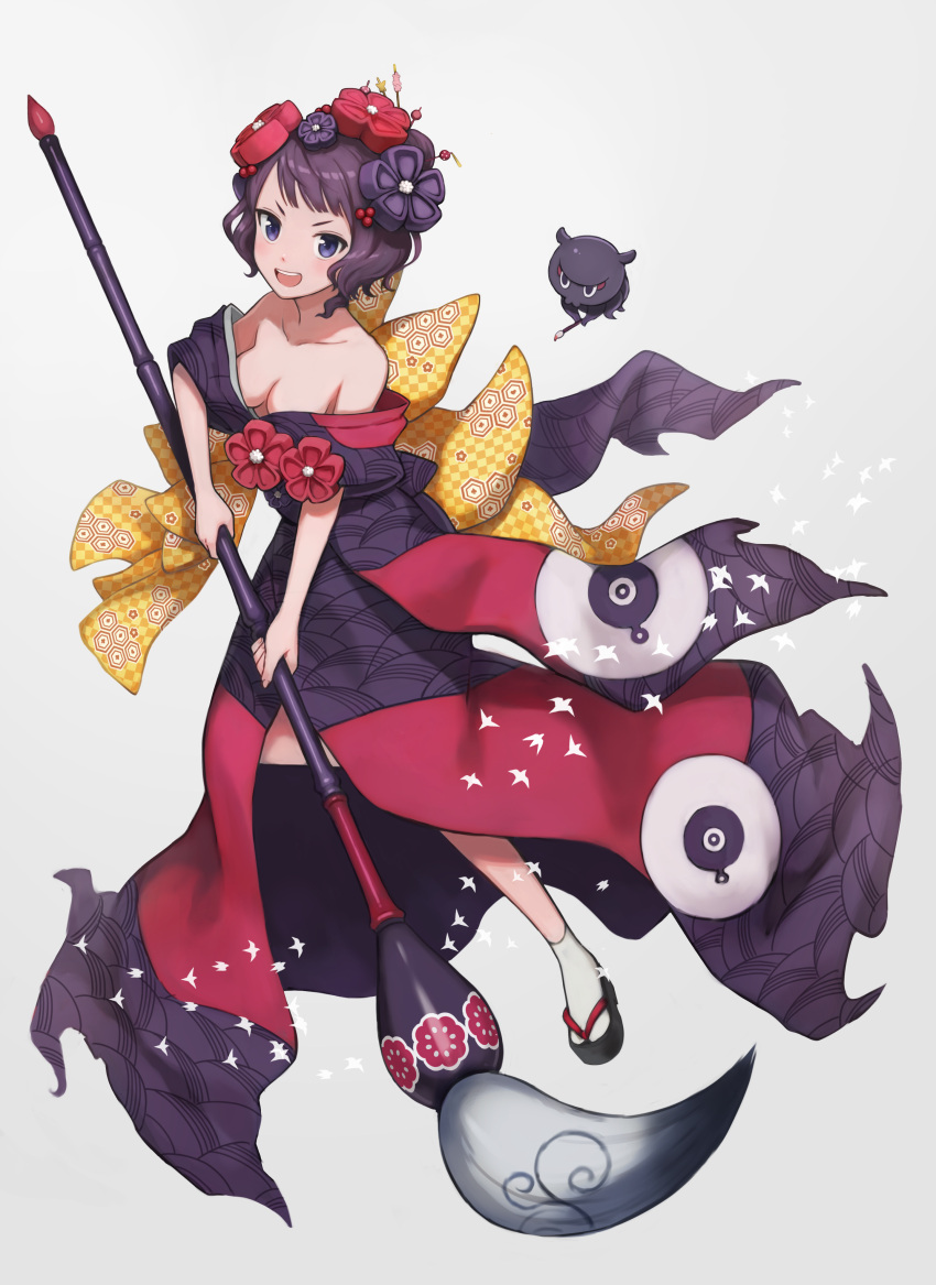 1girl absurdres bare_shoulders black_hair blue_eyes breasts calligraphy_brush dress fate/grand_order fate_(series) flower hair_flower hair_ornament hairpin highres japanese_clothes katsushika_hokusai_(fate/grand_order) kimono looking_at_viewer medium_breasts obi octopus off-shoulder_dress off_shoulder paintbrush sash short_hair simple_background solo yuko666