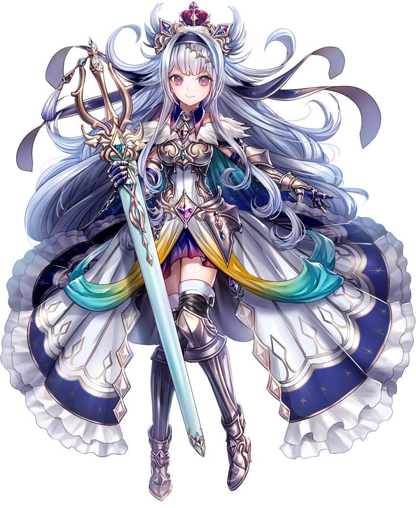 1girl black_legwear boots crown frilled_skirt frills full_body gauntlets greaves grey_legwear highres long_hair looking_at_viewer mitsunari_miyako original skirt smile solo sword thigh-highs very_long_hair violet_eyes weapon white_hair