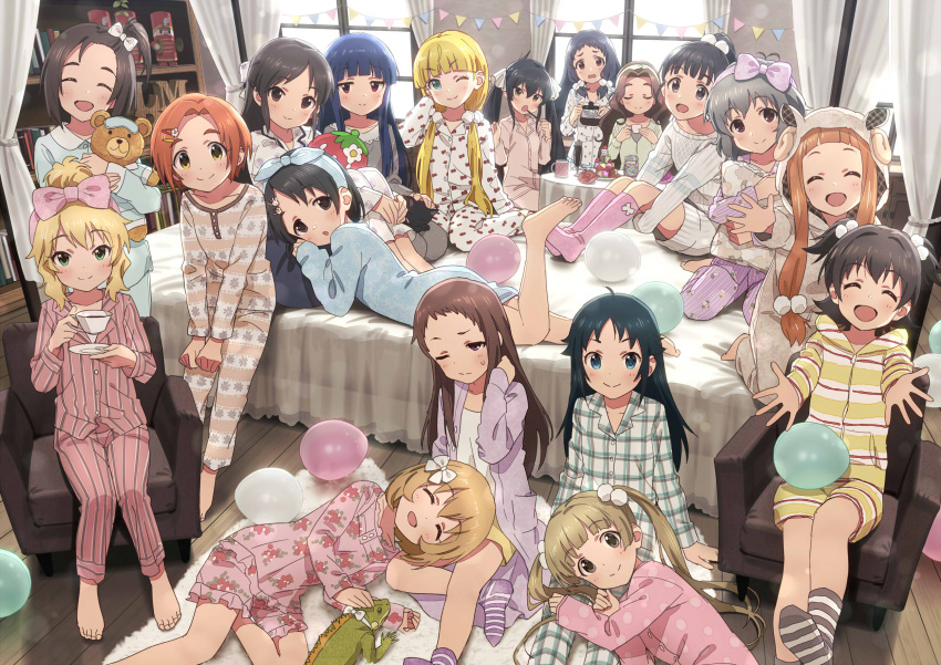 6+girls :d :o ;) ^_^ armchair balloon bangs barefoot bed black_eyes black_hair blonde_hair blue_eyes blunt_bangs bow brown_eyes brown_hair chair character_request closed_eyes commentary cup curtains eyebrows_visible_through_hair food green_eyes hair_bobbles hair_bow hair_ornament hairclip highres ichihara_nina idolmaster indoors kusakabe_wakaba lap_pillow long_hair looking_at_viewer low_twintails lying multiple_girls one_eye_closed one_side_up open_mouth orange_hair outstretched_arm outstretched_arms pajamas pocky ponytail sasaki_chie sheep_hood short_hair sitting smile socks sonsoso stuffed_animal stuffed_toy teacup teddy_bear twintails window wooden_floor yellow_eyes yokoyama_chika