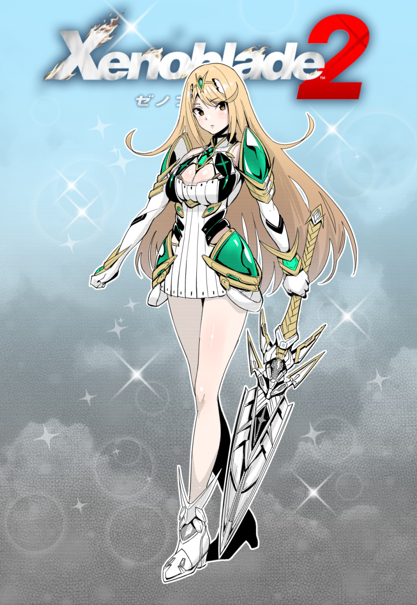 1girl ankle_boots armor bangs bare_legs bare_shoulders blonde_hair blush boots breasts brown_eyes cleavage cleavage_cutout closed_mouth clouds copyright_name dress elbow_gloves emerald eyebrows_visible_through_hair faulds full_body gem gloves green322 headpiece highres mythra_(xenoblade) holding holding_sword holding_weapon large_breasts long_hair looking_at_viewer outline pantyhose pauldrons shiny shiny_hair shiny_skin short_dress shoulder_armor sleeveless sleeveless_dress solo sparkle standing straight_hair sword very_long_hair weapon white_dress white_footwear white_gloves white_legwear white_outline wrist_guards xenoblade_2