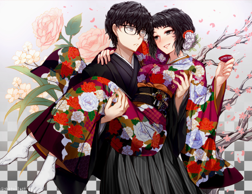 1boy 1girl amamiya_ren arm_around_shoulder black_hair blush branch carrying choko_(cup) cup glasses highres japanese_clothes kawakami_sadayo kimono looking_at_another persona persona_5 petals princess_carry short_hair smile yaoto