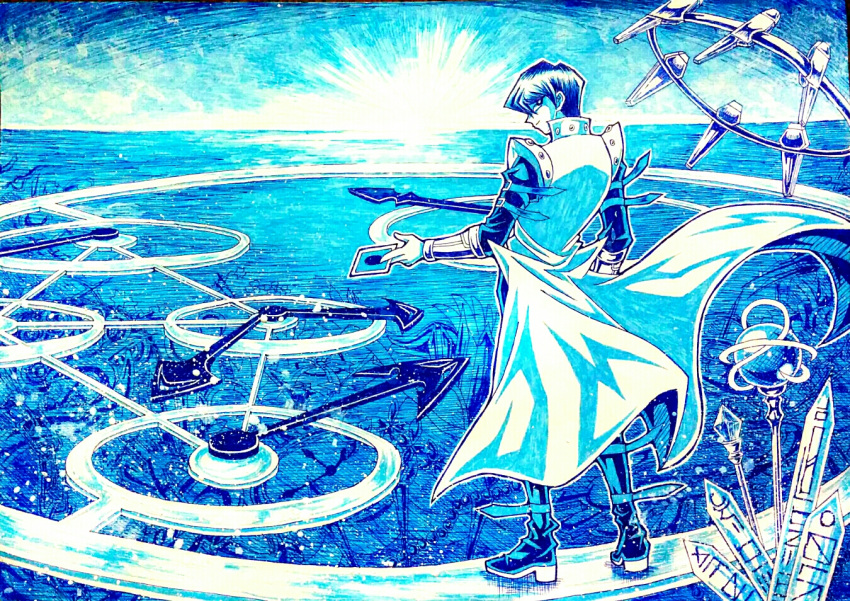 1boy arm_belt blue boots card holding holding_card kaiba_seto looking_back male_focus motumotu_58 playing_card solo standing traditional_media yu-gi-oh!