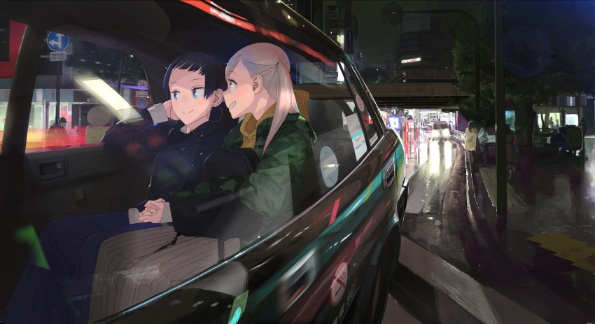 (stag) 2girls after_hours city_lights cityscape earrings hand_holding highres hood hooded_jacket jacket jewelry long_jacket multiple_girls short_hair skyline taxi yuri