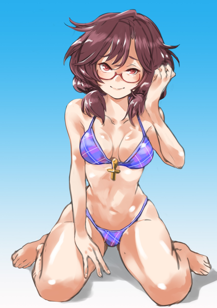 1girl absurdres ankh bare_arms bare_legs barefoot bikini blue_background breasts breasts_apart brown_hair cleavage collarbone commentary_request glasses gradient gradient_background hand_in_hair hand_on_own_thigh highres light_smile looking_at_viewer plaid plaid_bikini purple_bikini red_eyes semi-rimless_eyewear short_hair simple_background sitting small_breasts solo swimsuit touhou twintails uno_(union) usami_sumireko wariza white_background