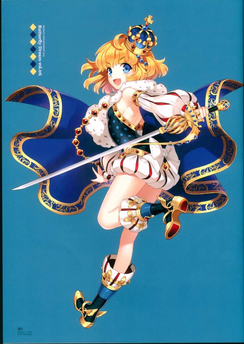 1girl :d absurdres armpits bangs bare_shoulders black_tubetop blonde_hair blue_cape blue_eyes boots breasts cape crown eyebrows_visible_through_hair fang full_body fur_trim highres holding holding_sword holding_weapon huge_filesize jewelry knee_boots long_sleeves looking_at_viewer looking_back nardack one_leg_raised open_mouth original page_number puff_and_slash_sleeves puffy_shorts puffy_sleeves scan shirt shorts small_breasts smile solo standing standing_on_one_leg strapless sword tubetop v-shaped_eyebrows weapon white_shirt