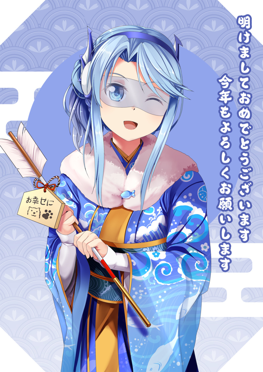 1girl ;d arrow blue_eyes blue_hair christa_ellianna_fluica commentary_request ema fur_collar glasses hairband hamaya highres japanese_clothes kimono long_hair nail_polish nengajou new_year one_eye_closed open_mouth original smile solo translated yasume_yukito