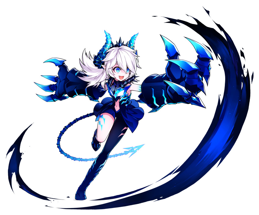 1girl :d asymmetrical_clothes blue_eyes claws diabla_(elsword) elsword full_body highres horns hwansang long_hair looking_to_the_side luciela_r._sourcream official_art open_mouth pointy_ears running single_pantsleg smile solo standing standing_on_one_leg tail tattoo white_hair