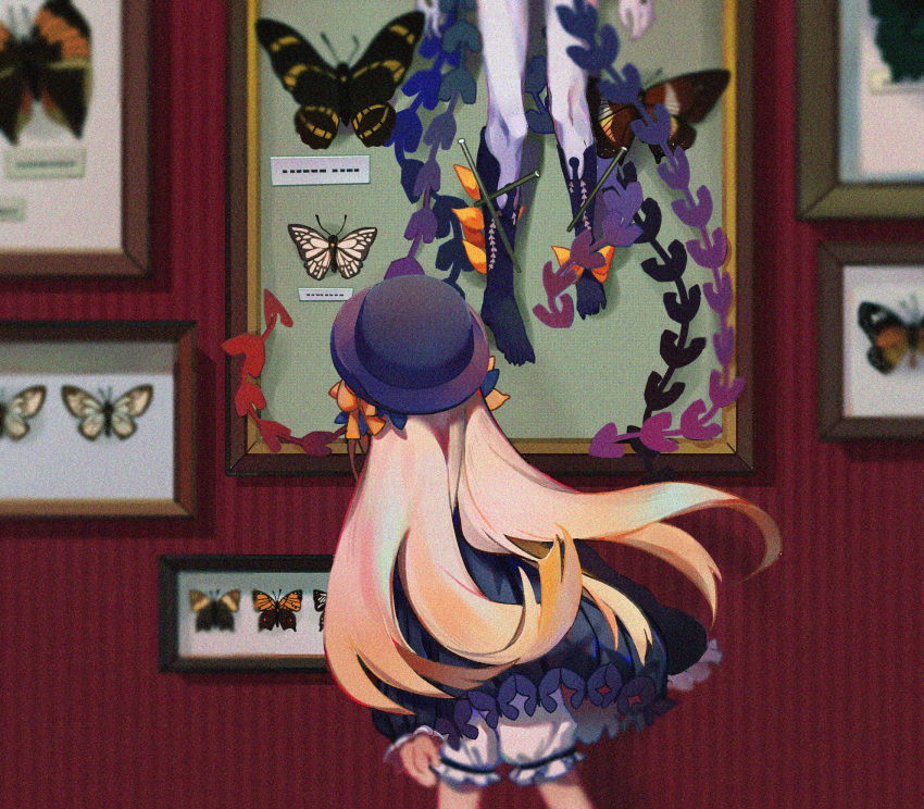 2girls abigail_williams_(fate/grand_order) bangs black_bow black_dress black_hat black_legwear blonde_hair bloomers bow butterfly dress dual_persona facing_away fate/grand_order fate_(series) framed_insect hair_bow hat highres indoors kneehighs long_hair long_sleeves looking_at_viewer meyri multiple_girls orange_bow pale_skin parted_bangs polka_dot polka_dot_bow sleeves_past_wrists underwear very_long_hair white_bloomers