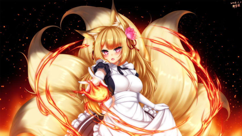 1girl :o alternate_costume animal_ears artist_name blonde_hair blush breasts commentary_request cowboy_shot dated elbow_gloves enmaided fire flower fox_ears fox_tail frills gloves hair_flower hair_ornament highres kayou_(sennen_sensou_aigis) large_breasts long_hair looking_at_viewer maid multiple_tails outstretched_arm pink_eyes playjoe2005 puffy_short_sleeves puffy_sleeves sennen_sensou_aigis short_sleeves skirt_hold solo tail white_gloves