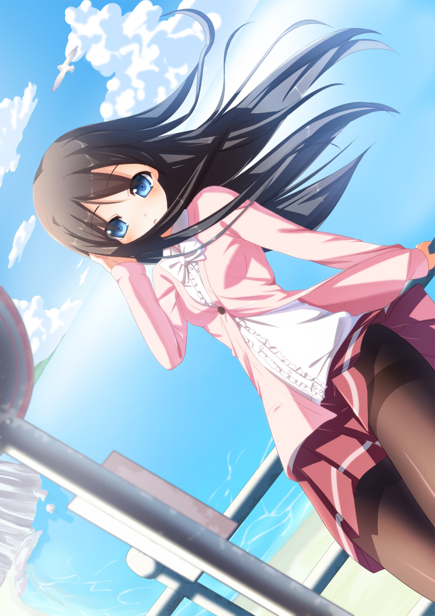 1girl arm_up bangs beach bird black_hair black_legwear blazer blue_eyes blush bow bowtie breasts clouds collared_shirt commentary cowboy_shot day dutch_angle eyebrows_visible_through_hair fence frilled_shirt frills hand_on_own_head hand_on_railing highres jacket long_hair long_sleeves looking_at_viewer ocean original outdoors pantyhose parted_lips pastel-pastel pink_jacket pink_skirt pleated_skirt rock sand seagull shirt shore sign sitting sitting_on_railing skirt sky small_breasts solo standing tareme white_neckwear white_shirt wind wing_collar