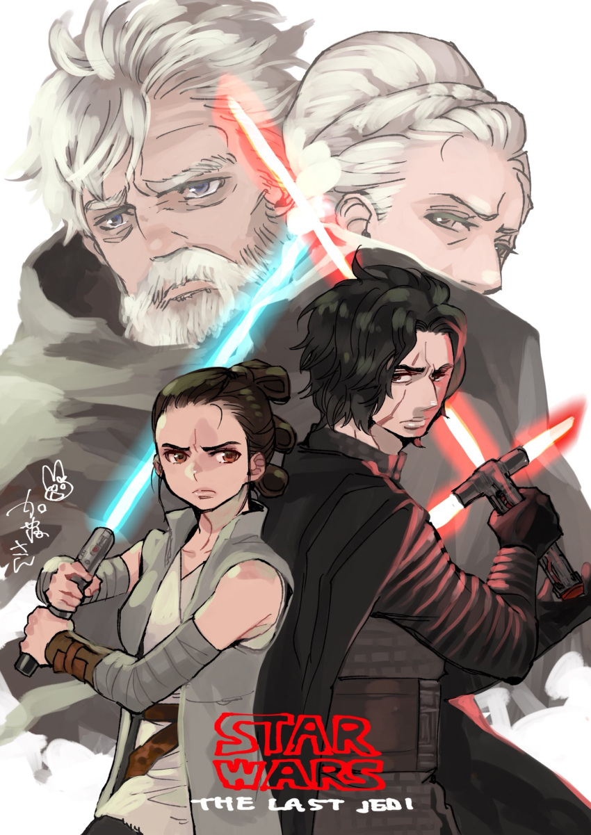 2boys 2girls brother_and_sister cape commentary_request energy_sword highres kazue_kato kylo_ren lightsaber luke_skywalker mother_and_daughter multiple_boys multiple_girls princess_leia_organa_solo rey_(star_wars) scar scar_across_eye siblings signature star_wars star_wars:_the_last_jedi sword uncle_and_nephew weapon