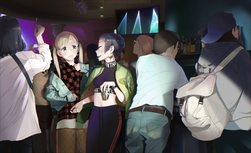 (stag) after_hours alcohol bottle cigarette club crowd earrings glass glasses highres jacket_on_shoulders jewelry navel television weapon wine_bottle