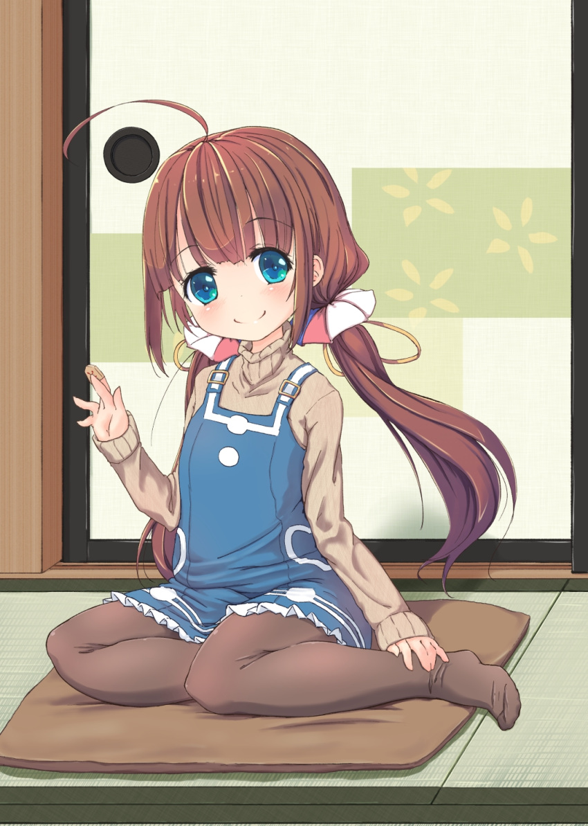 1girl ahoge bangs between_fingers blue_dress blue_eyes blush board_game brown_hair brown_legwear brown_sweater closed_mouth commentary_request dress eyebrows_visible_through_hair full_body hair_ribbon hand_up head_tilt highres hinatsuru_ai holding indoors long_hair long_sleeves looking_at_viewer low_twintails no_shoes pantyhose ribbon ryuuou_no_oshigoto! sakuna shougi sleeveless sleeveless_dress sleeves_past_wrists sliding_doors smile solo sweater turtleneck turtleneck_sweater twintails very_long_hair yellow_ribbon zabuton