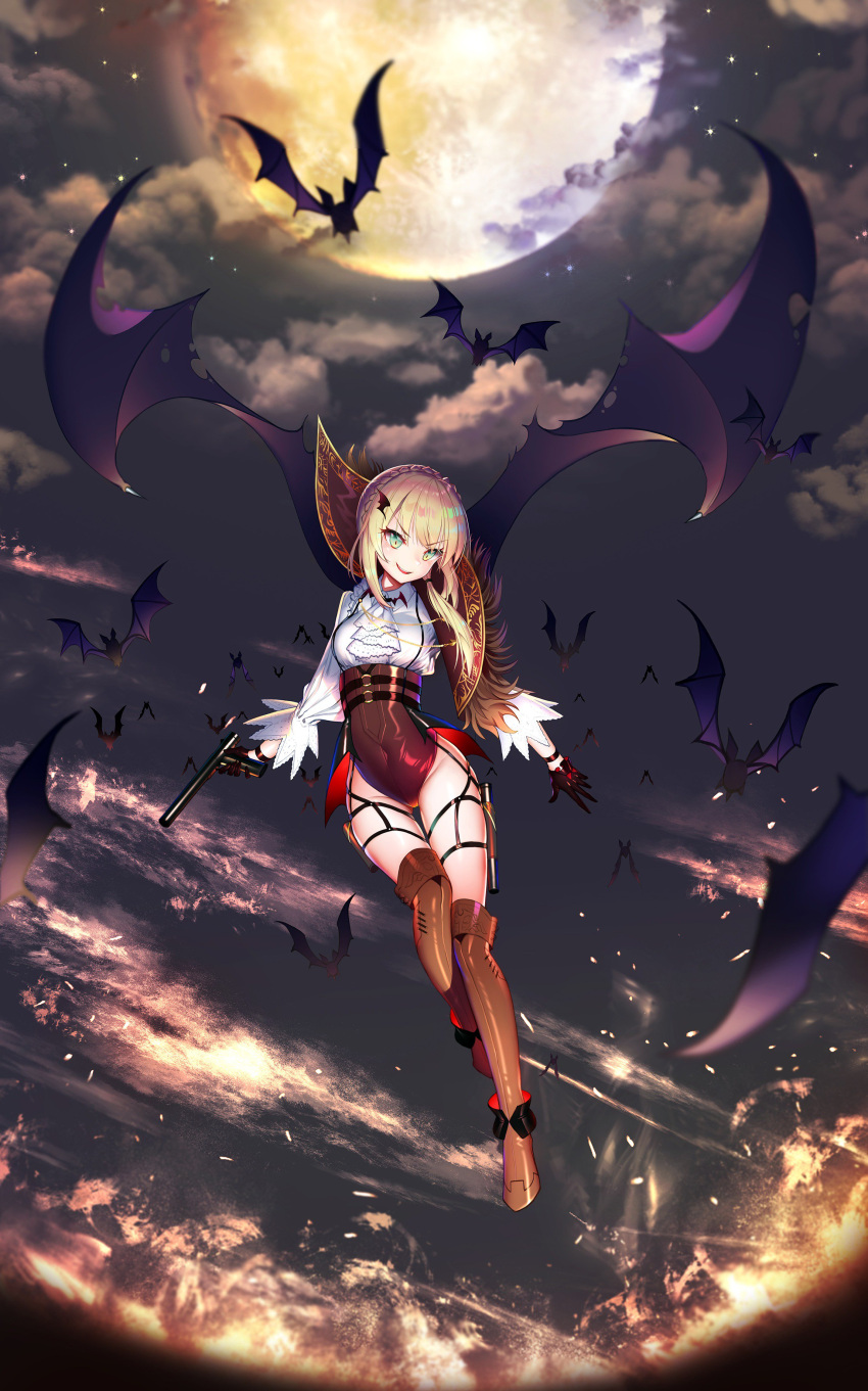 1girl absurdres alternate_costume alternate_hairstyle argyle ascot bangs bare_tree bat black_background black_gloves blonde_hair blush boots braid brown_footwear clouds collared_shirt cup drinking_glass eyebrows_visible_through_hair eyes_visible_through_hair fangs flight floating floating_hair flying french_braid full_body girls_frontline gloves green_eyes gun halloween handgun high_heel_boots high_heels highres holster holstered_weapon light_particles long_sleeves looking_at_viewer moon night night_sky o-ring open_mouth outstretched_hand red_wings shiny shiny_clothes shiny_hair shirt short_hair_with_long_locks skindentation sky smile solo star sweatdrop thigh-highs thigh_boots thigh_holster topu torn_wings tree vampire vampire_costume weapon welrod_mk2 welrod_mk2_(girls_frontline) white_shirt wide_sleeves wine_glass wing_hair_ornament wings wristband