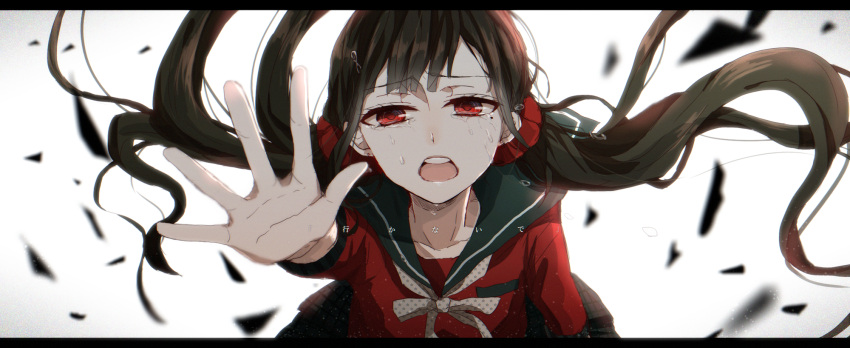 1girl black_hair crying crying_with_eyes_open dangan_ronpa harukawa_maki highres long_hair new_dangan_ronpa_v3 red_eyes red_legwear school_uniform scrunchie solo tears twintails very_long_hair