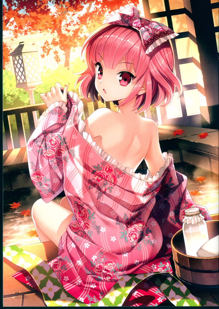 1girl :o absurdres autumn_leaves back bangs bare_shoulders bottle bow bucket bush day dutch_angle eyebrows_visible_through_hair floral_print frilled_bow frilled_kimono frills from_behind furyou_michi_~gang_road~ gang_road_joker hair_bow highres huge_filesize japanese_clothes kimono kimono_pull long_sleeves looking_at_viewer looking_back milk_bottle nardack off_shoulder onsen parted_lips pink_bow pink_eyes pink_hair pink_kimono print_bow print_kimono scan short_hair sitting soaking_feet solo sunlight takarazuka_marimo tree tsurime undressing v-shaped_eyebrows water wide_sleeves wooden_bucket yukata
