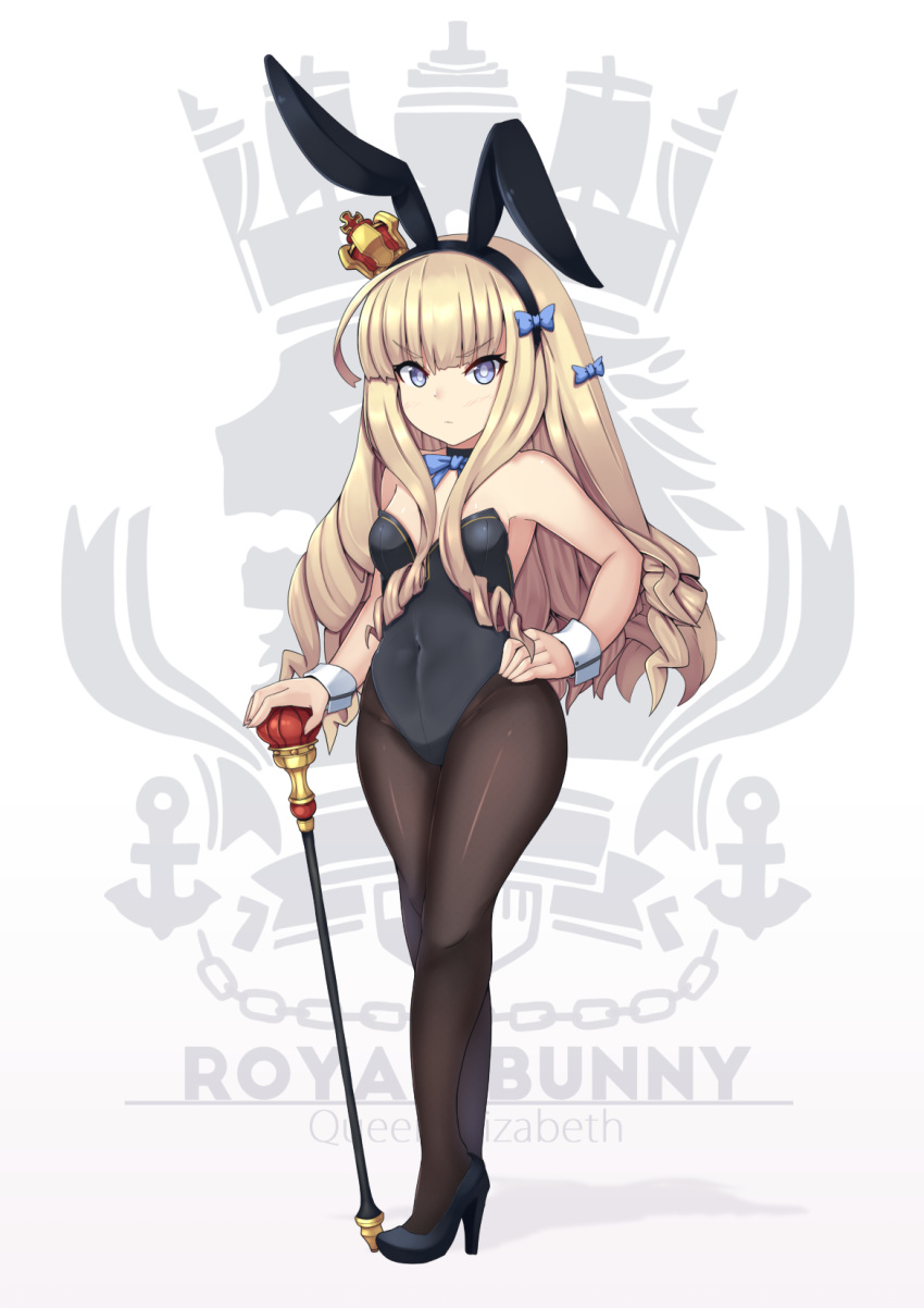 1girl animal_ears azur_lane black_footwear black_legwear black_leotard blonde_hair blue_eyes blue_neckwear bow bowtie bunnysuit crown detached_collar full_body hairband high_heels highres kuronekozero leotard logo long_hair looking_at_viewer mini_crown pantyhose queen_elizabeth_(azur_lane) rabbit_ears scepter solo standing strapless strapless_leotard wrist_cuffs