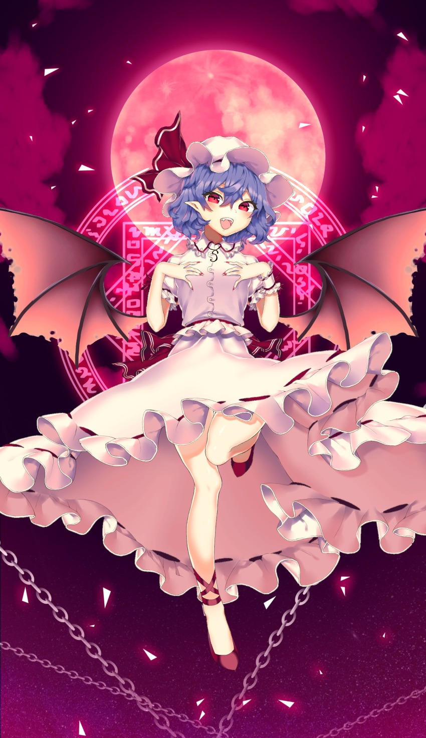 1girl absurdres bat_wings blue_hair chains clouds fang full_body full_moon hair_between_eyes hat hat_ribbon highres looking_at_viewer magic_circle mob_cap moon nail_polish open_mouth pink_skirt pointy_ears red_eyes red_footwear red_moon red_nails red_ribbon red_sky remilia_scarlet ribbon shoes skirt skirt_set sky smile solo touhou wings wrist_cuffs