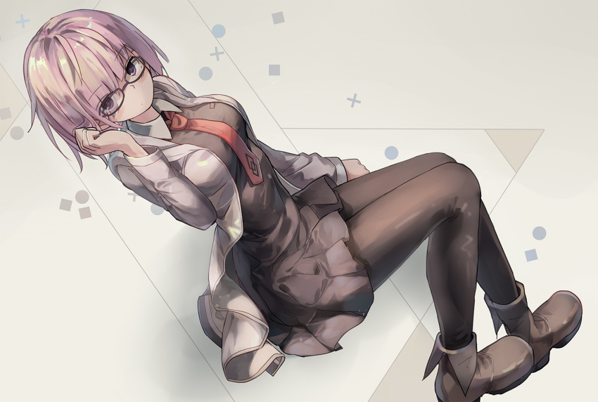 1girl abstract_background adjusting_hair ankle_boots arm_at_side arm_up black-framed_eyewear black_dress black_legwear blush boots breasts brown_footwear closed_mouth dress dutch_angle fate/grand_order fate_(series) from_side full_body grey_jacket hand_in_hair hand_up huanxiang_huifeng invisible_chair jacket long_sleeves looking_to_the_side mash_kyrielight medium_breasts necktie open_clothes open_jacket pantyhose pink_hair red_neckwear short_hair sitting solo track_jacket violet_eyes