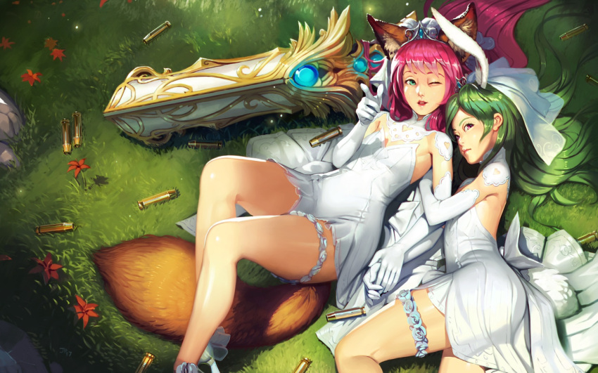 2girls animal_ears arm_up brown_eyes bunny_tail dog_ears dog_tail dress elbow_gloves elin_(tera) garters gloves grass green_eyes green_hair gun hand_holding hug long_hair lying multiple_girls ochrejelly on_back on_side one_eye_closed open_mouth outdoors pink_hair pointing rabbit_ears shell_casing short_dress smile strapless strapless_dress tail tera_online tiara veil weapon wedding_dress white_dress white_gloves
